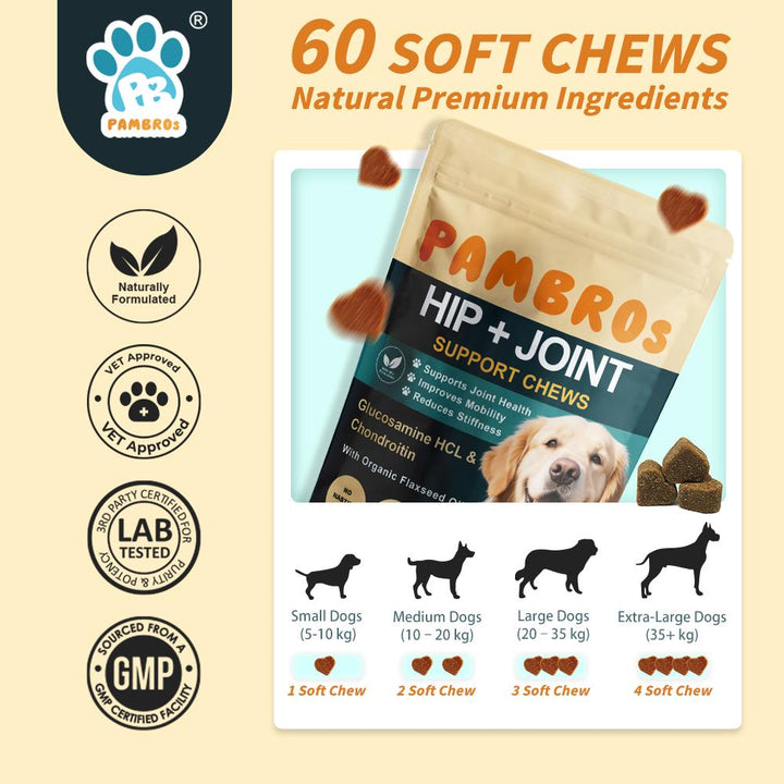Hip & Joint Chews for Dogs – 60 Soft Chews – High Strength & Natural Formula for Mobility, Stiffness & Arthritis Relief