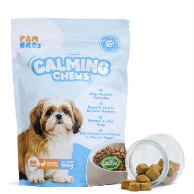 Pam Bros Calming Chews packaging with a dog on it, showing a jar of treats.