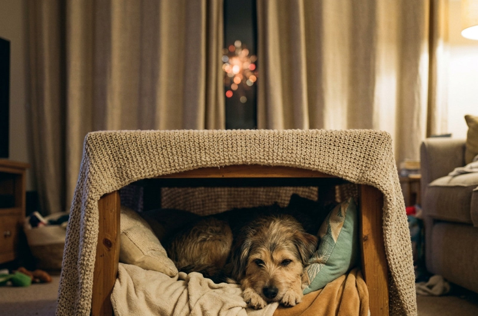 A relaxed dog resting in a cosy blanket den at home during fireworks season